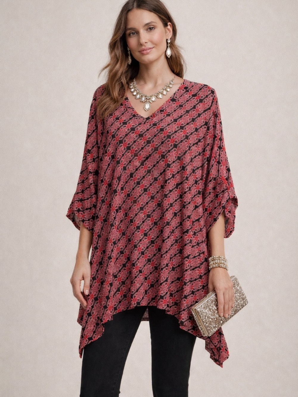 Tacera Pink and Black Patterned V-Neck‎ Women’s Top size 2X